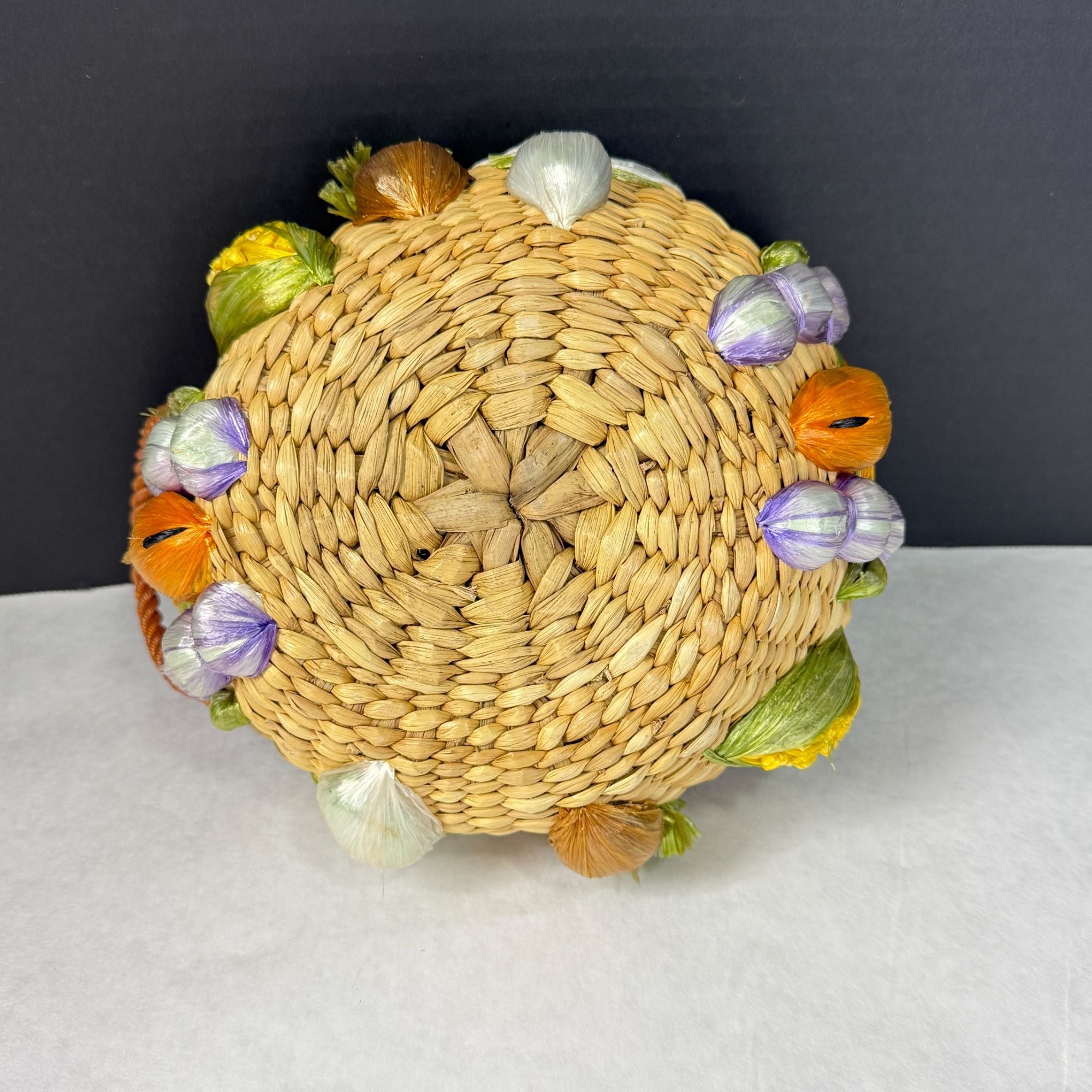 Vintage Woven Raffia Handled Basket Fruit Design