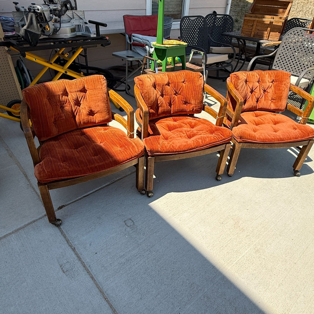 Vintage Retro Wood Rolling Chairs with Orange Cushions Set of 3