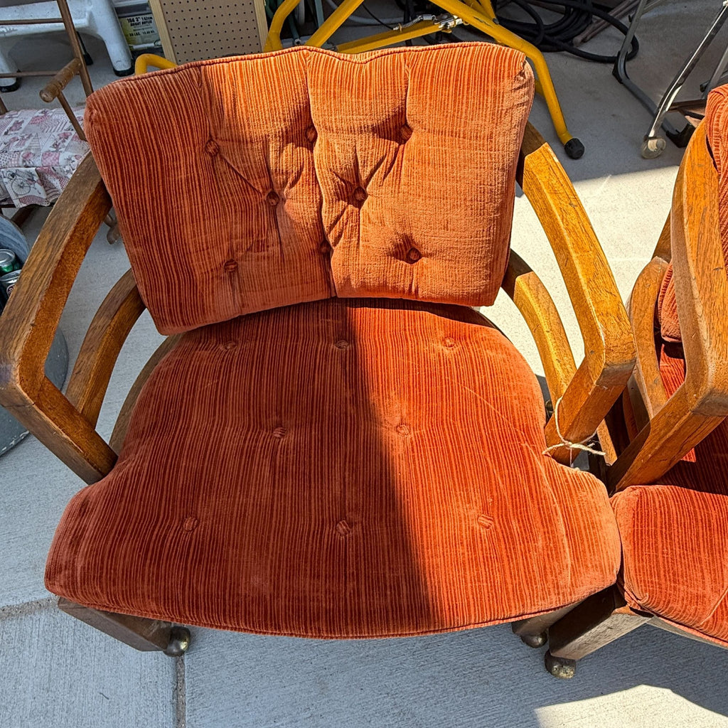 Vintage Retro Wood Rolling Chairs with Orange Cushions Set of 3
