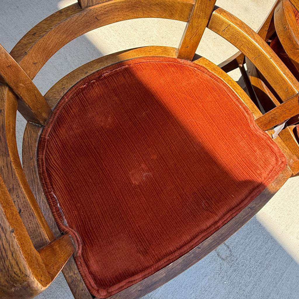Vintage Retro Wood Rolling Chairs with Orange Cushions Set of 3