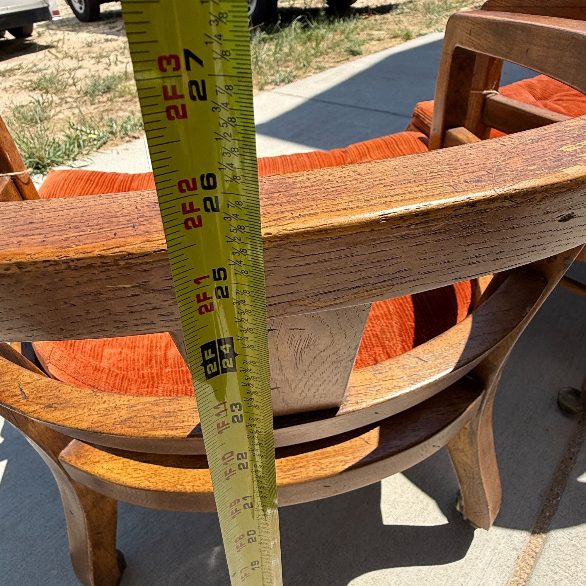 Vintage Retro Wood Rolling Chairs with Orange Cushions Set of 3