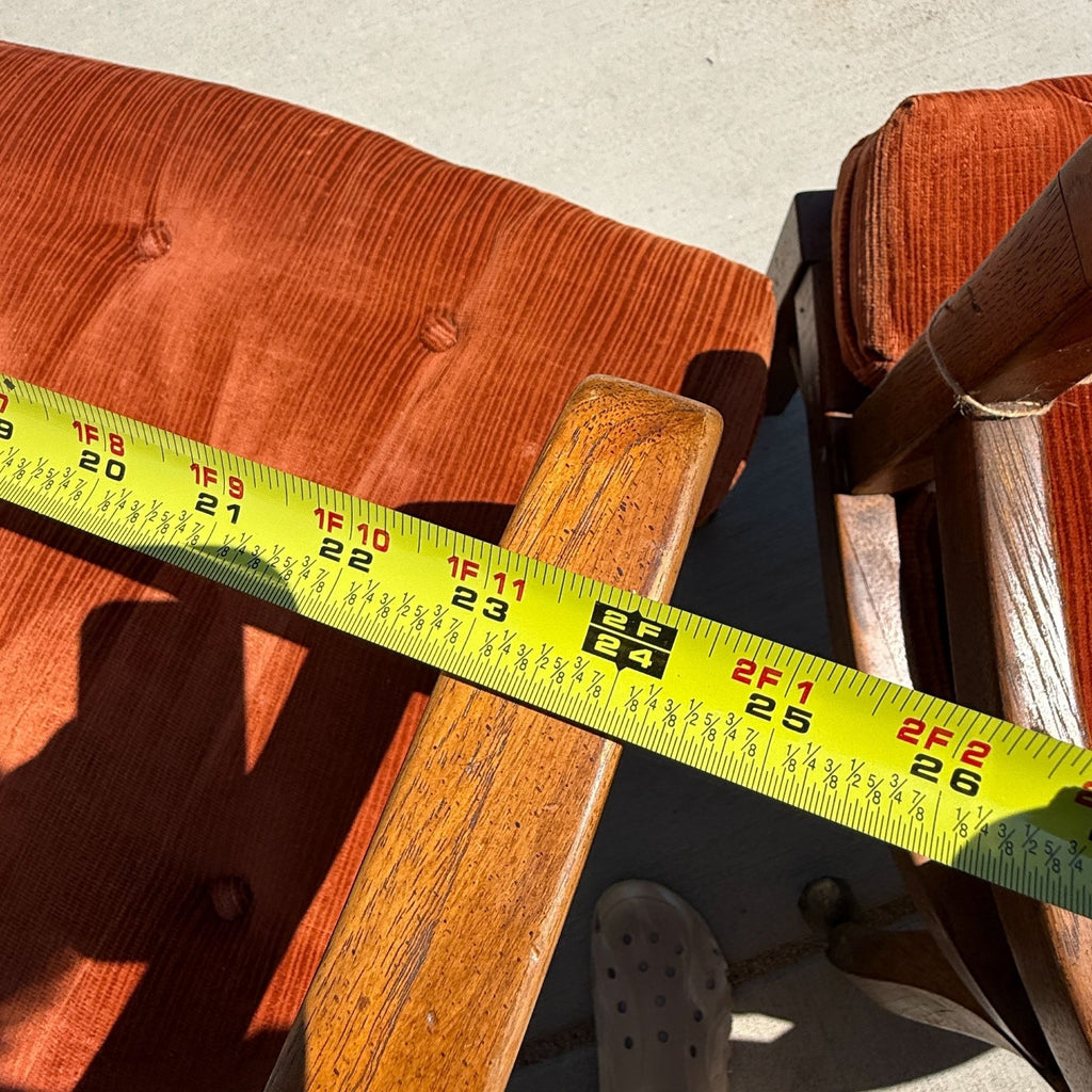 Vintage Retro Wood Rolling Chairs with Orange Cushions Set of 3