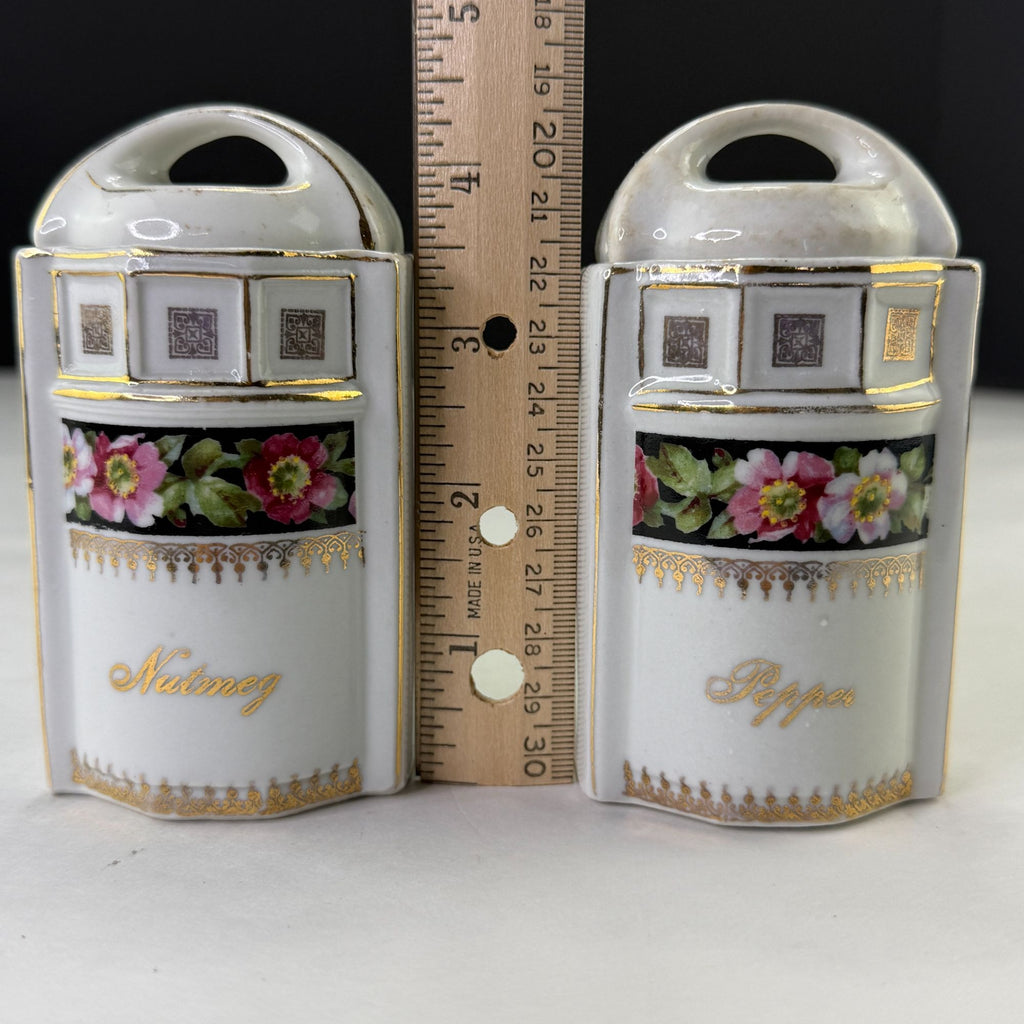 Vintage Porcelain Germany Spice Jars Nutmeg and Pepper Floral Design