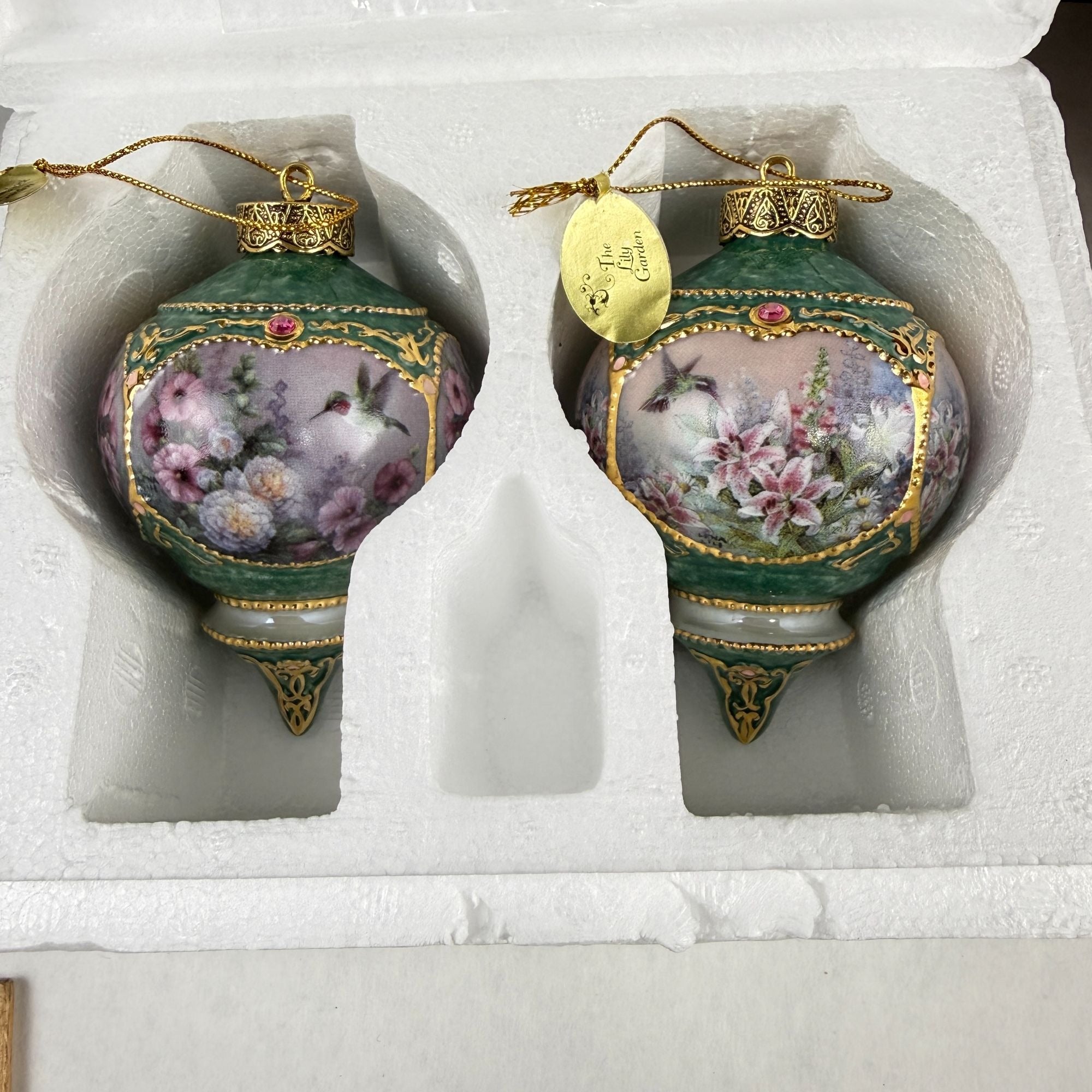 Vintage 1999 Lena Liu's Jeweled Hummingbirds Hollyhock and Lily Garden