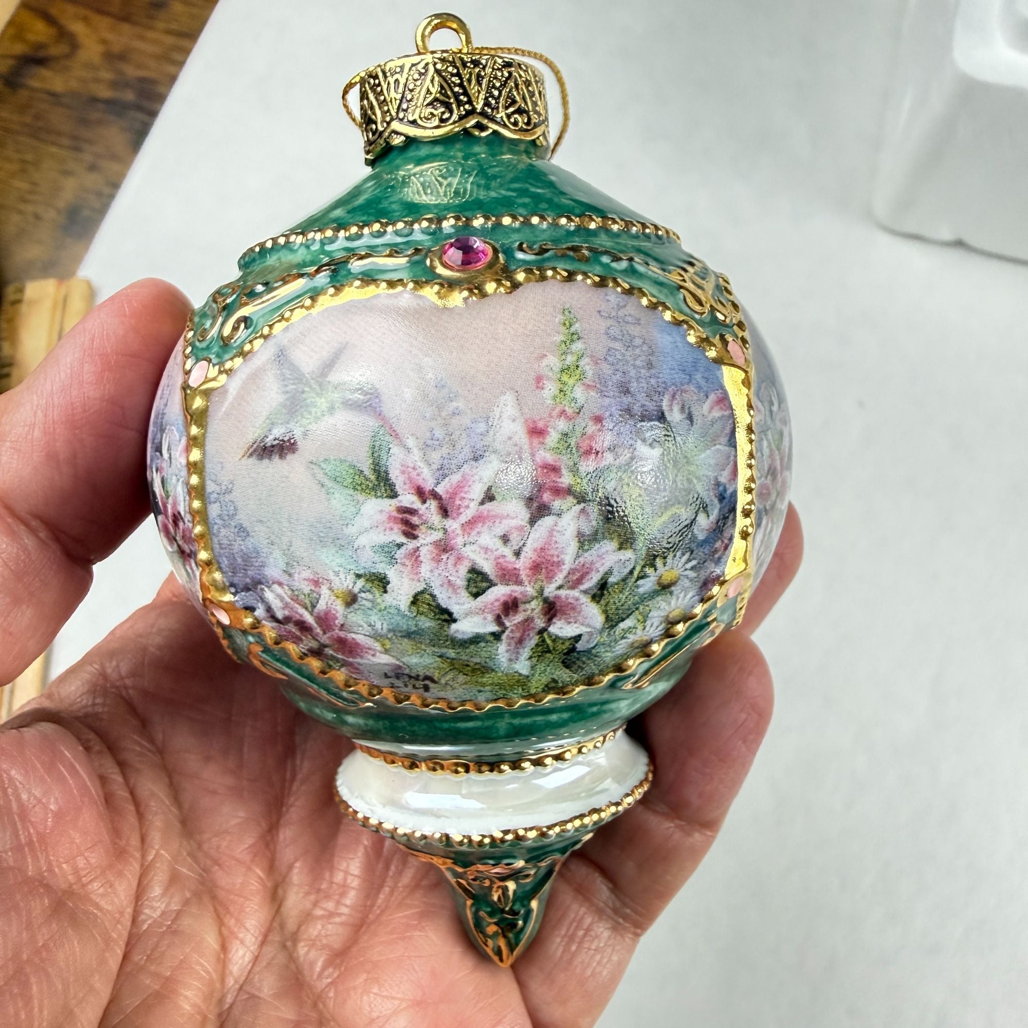 Vintage 1999 Lena Liu's Jeweled Hummingbirds Hollyhock and Lily Garden