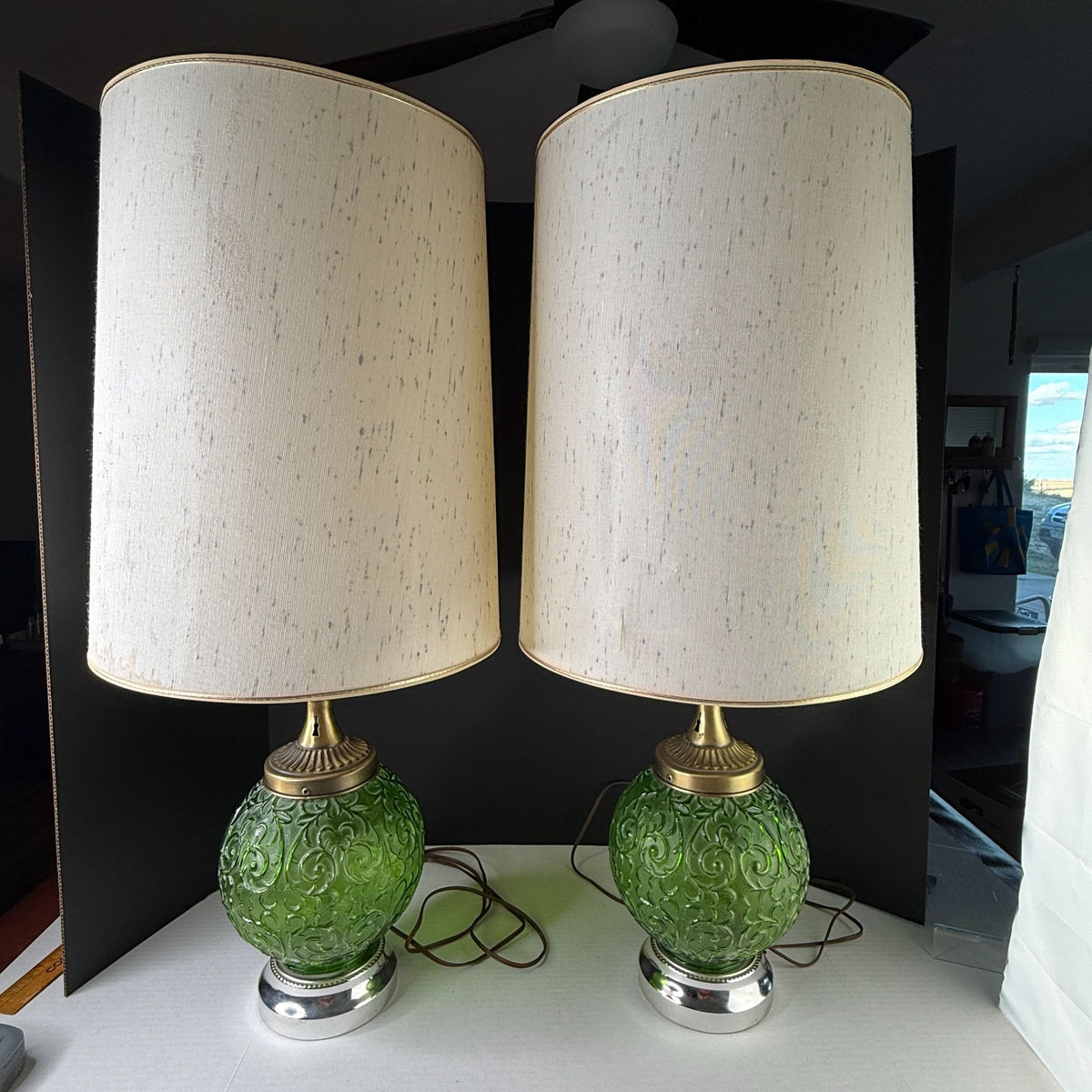 Pair of Vintage Avocado Green Glass Table Lamps
