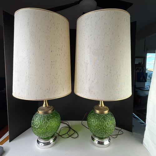 Pair of Vintage Avocado Green Glass Table Lamps