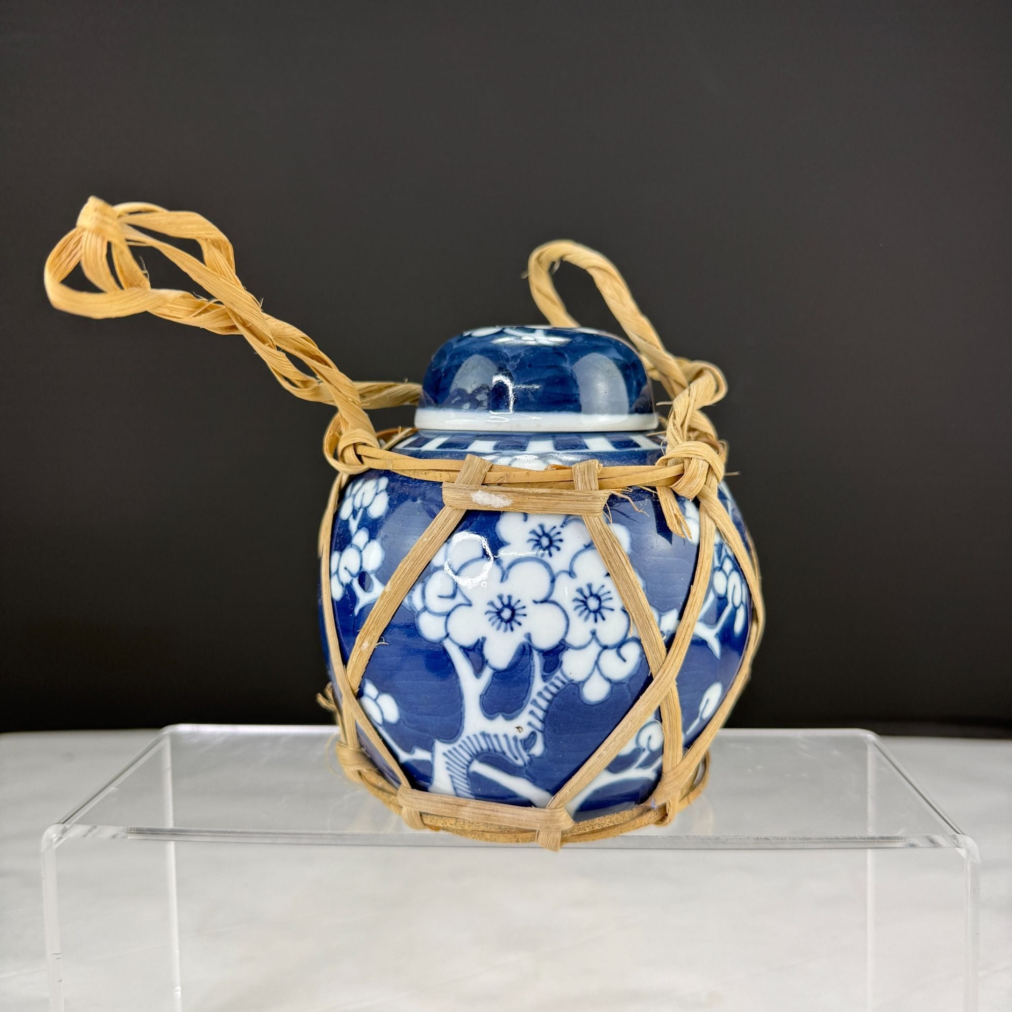 Vintage Blue & White Prunus Flower Ginger Jar With Bamboo Strapping Cork & Lid