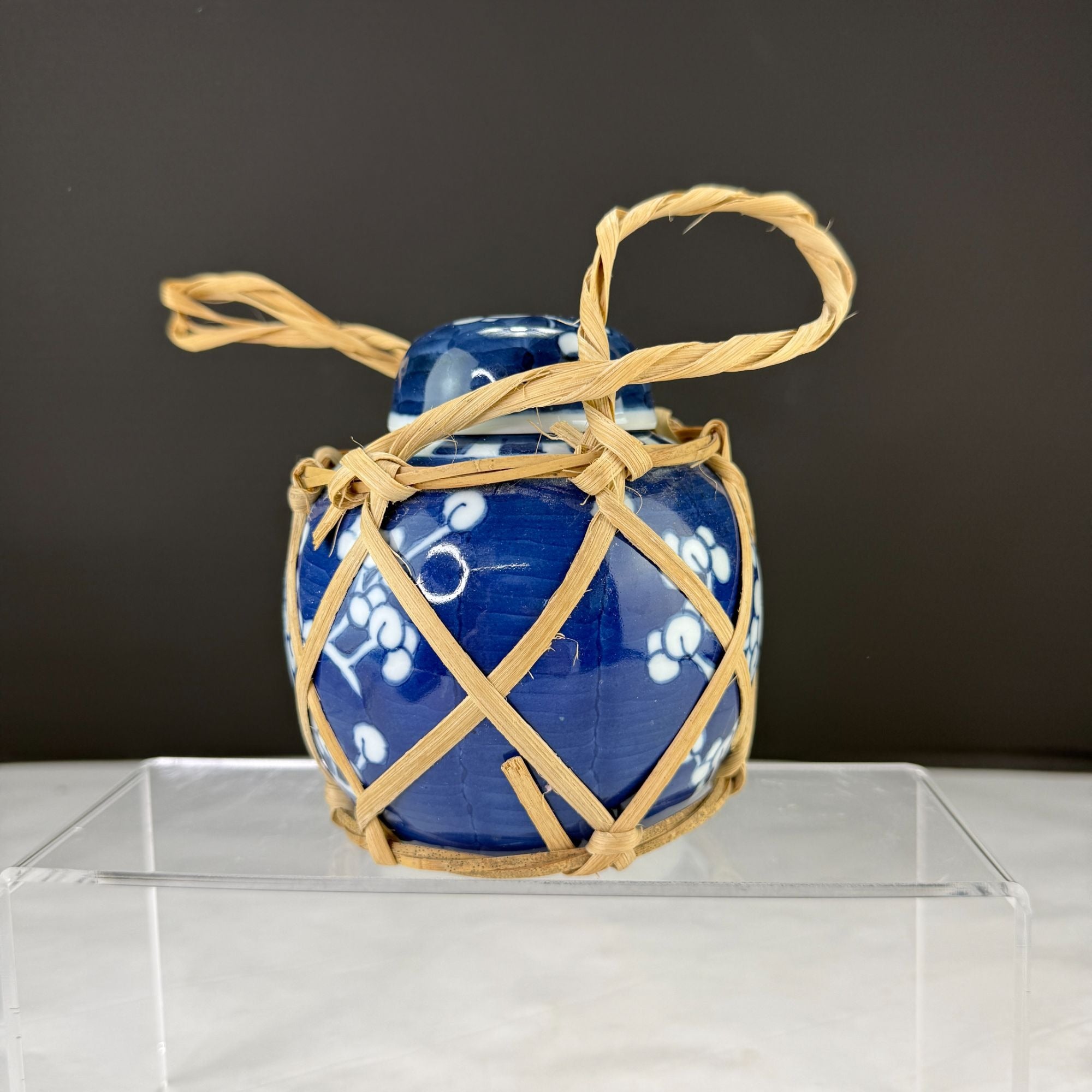 Vintage Blue & White Prunus Flower Ginger Jar With Bamboo Strapping Cork & Lid