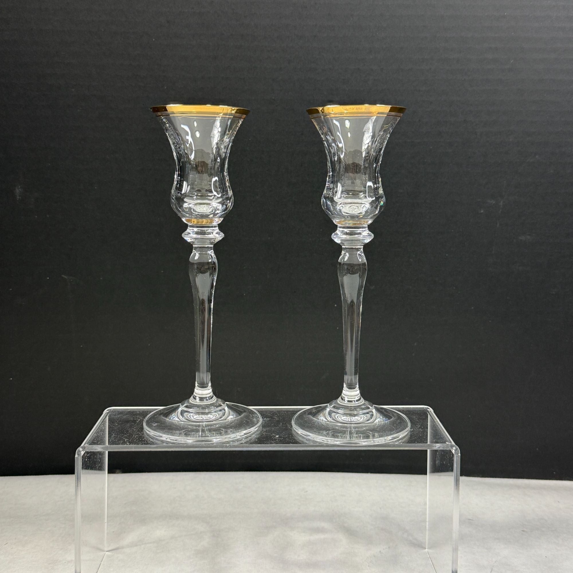Vintage Pair Mikasa Jamestown Glass Candlesticks Gold Trim