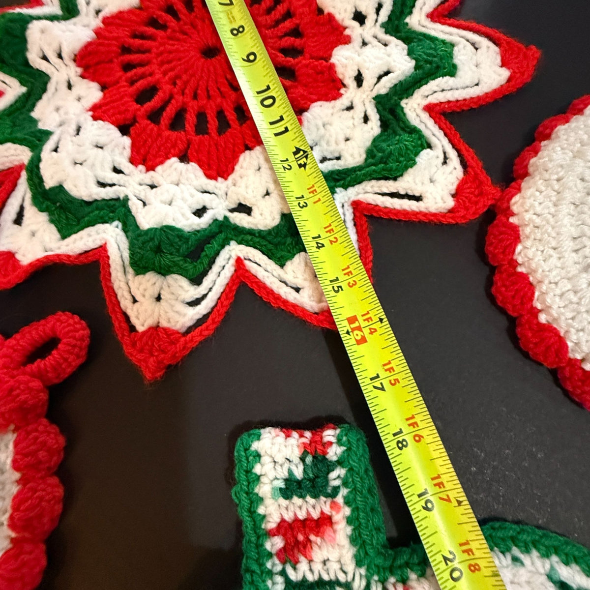 Vintage Handmade Crochet Christmas Kitchen Set 4 Pc Potholder Doily Towel