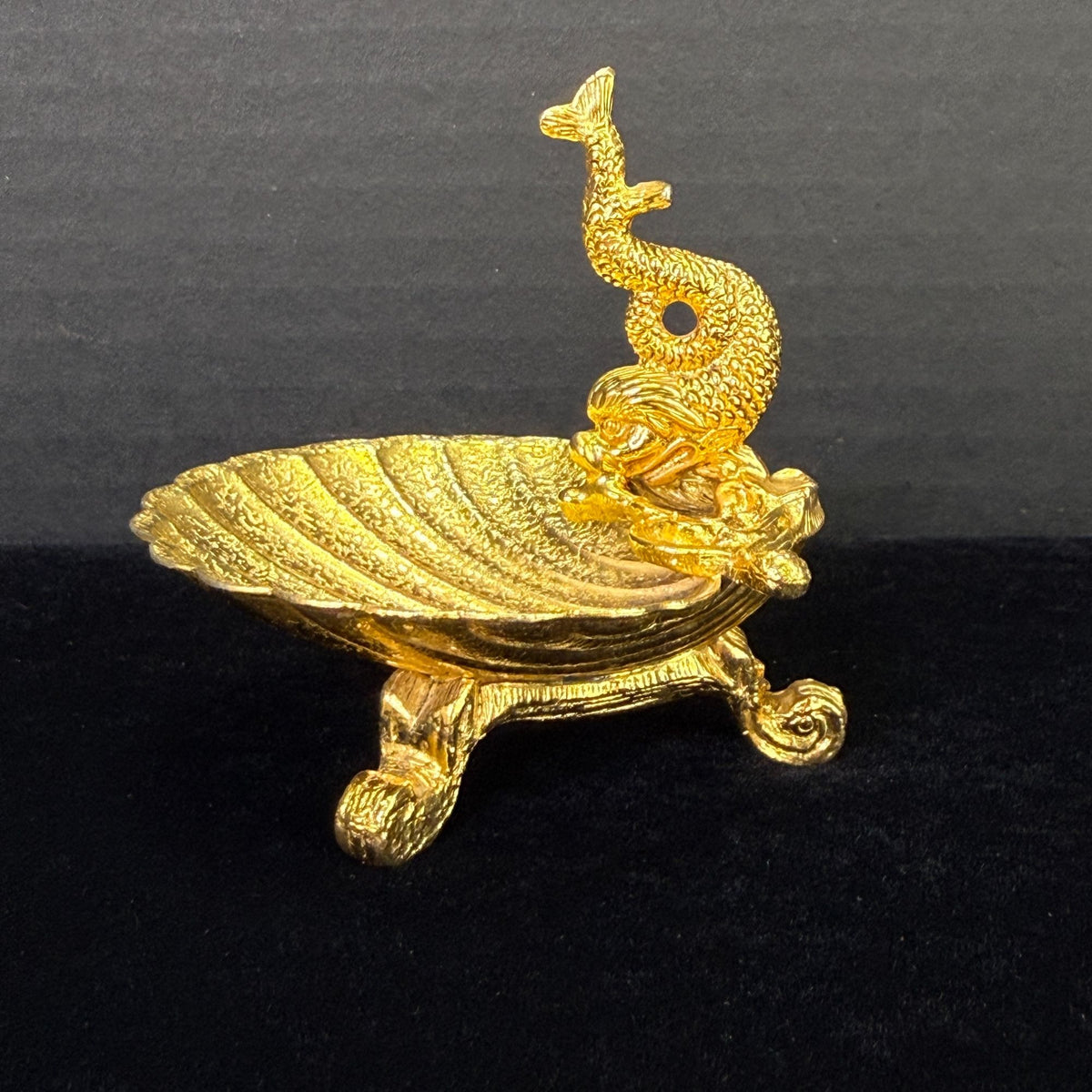 Vintage Gold Tone Asian Fish and Clam Shell Trinket Ring Dish