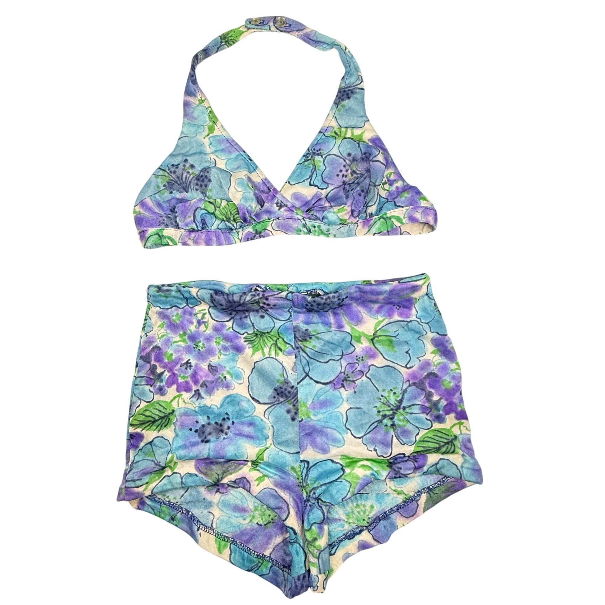 Vintage Sirena Blue Purple Floral 2pc Bathing Suit Size 10 Needs Repairing As-Is