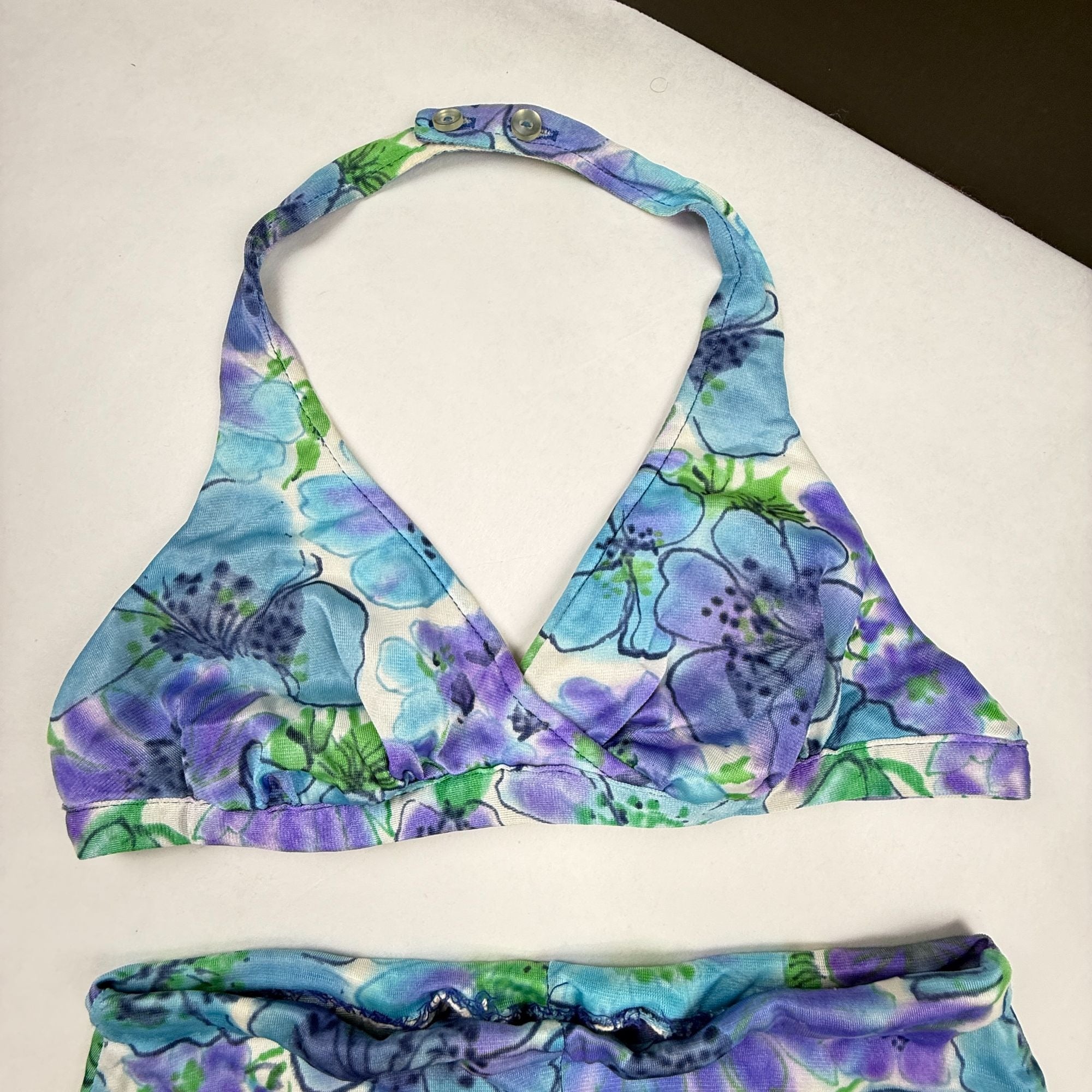 Vintage Sirena Blue Purple Floral 2pc Bathing Suit Size 10 Needs Repairing As-Is