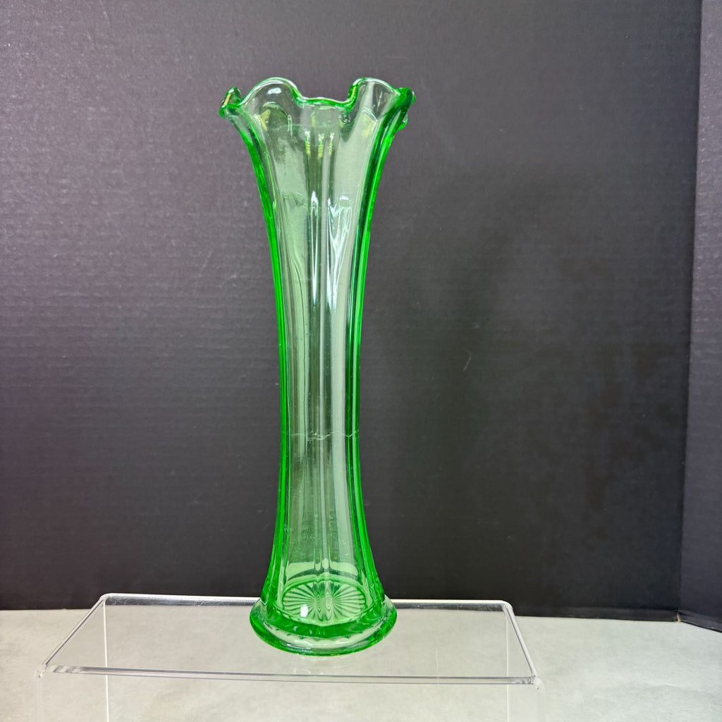 Vintage Uranium Green Glow Glass Ruffle Top Ribbed Vase 10 Inch