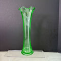 Vintage Uranium Green Glow Glass Ruffle Top Ribbed Vase 10 Inch