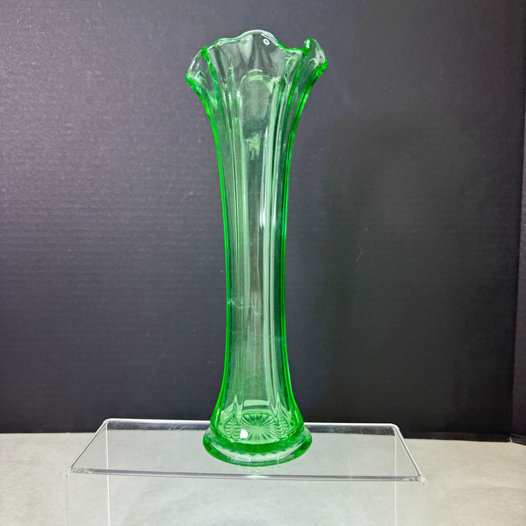 Vintage Uranium Green Glow Glass Ruffle Top Ribbed Vase 10 Inch