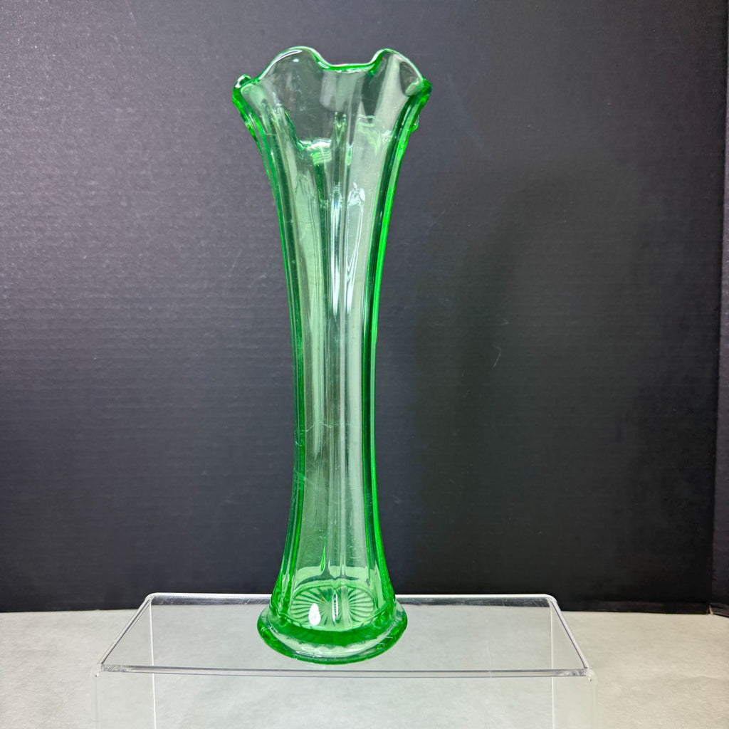 Vintage Uranium Green Glow Glass Ruffle Top Ribbed Vase 10 Inch