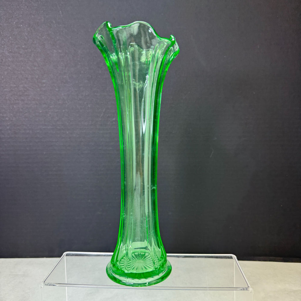 Vintage Uranium Green Glow Glass Ruffle Top Ribbed Vase 10 Inch