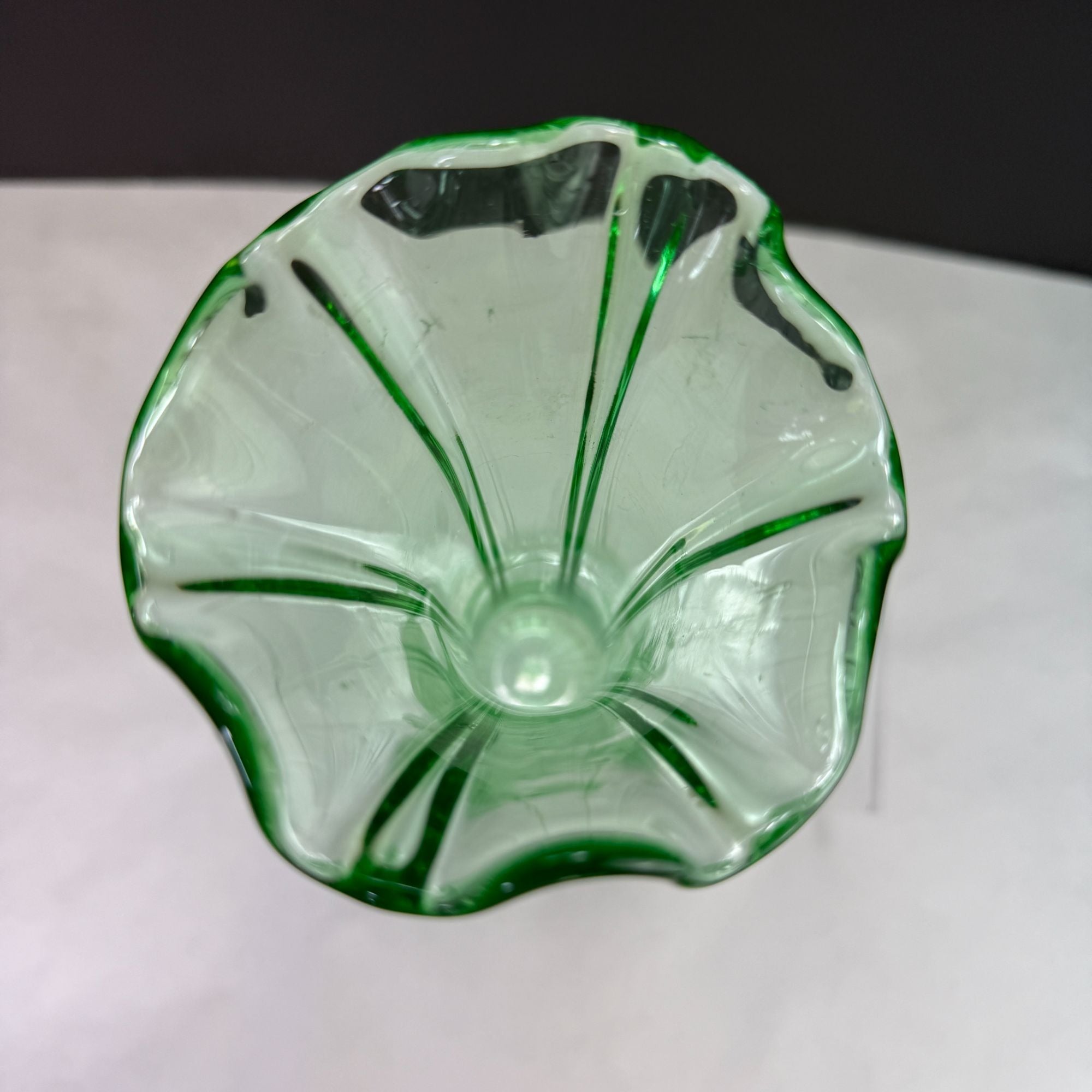 Vintage Uranium Green Glow Glass Ruffle Top Ribbed Vase 10 Inch