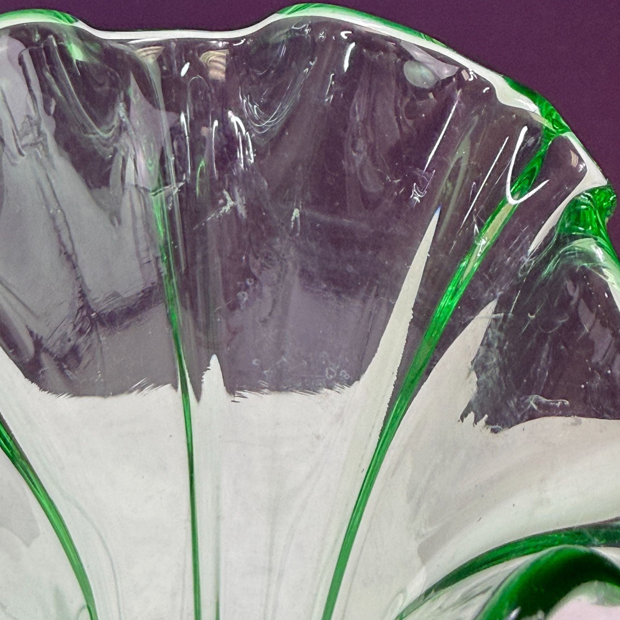 Vintage Uranium Green Glow Glass Ruffle Top Ribbed Vase 10 Inch