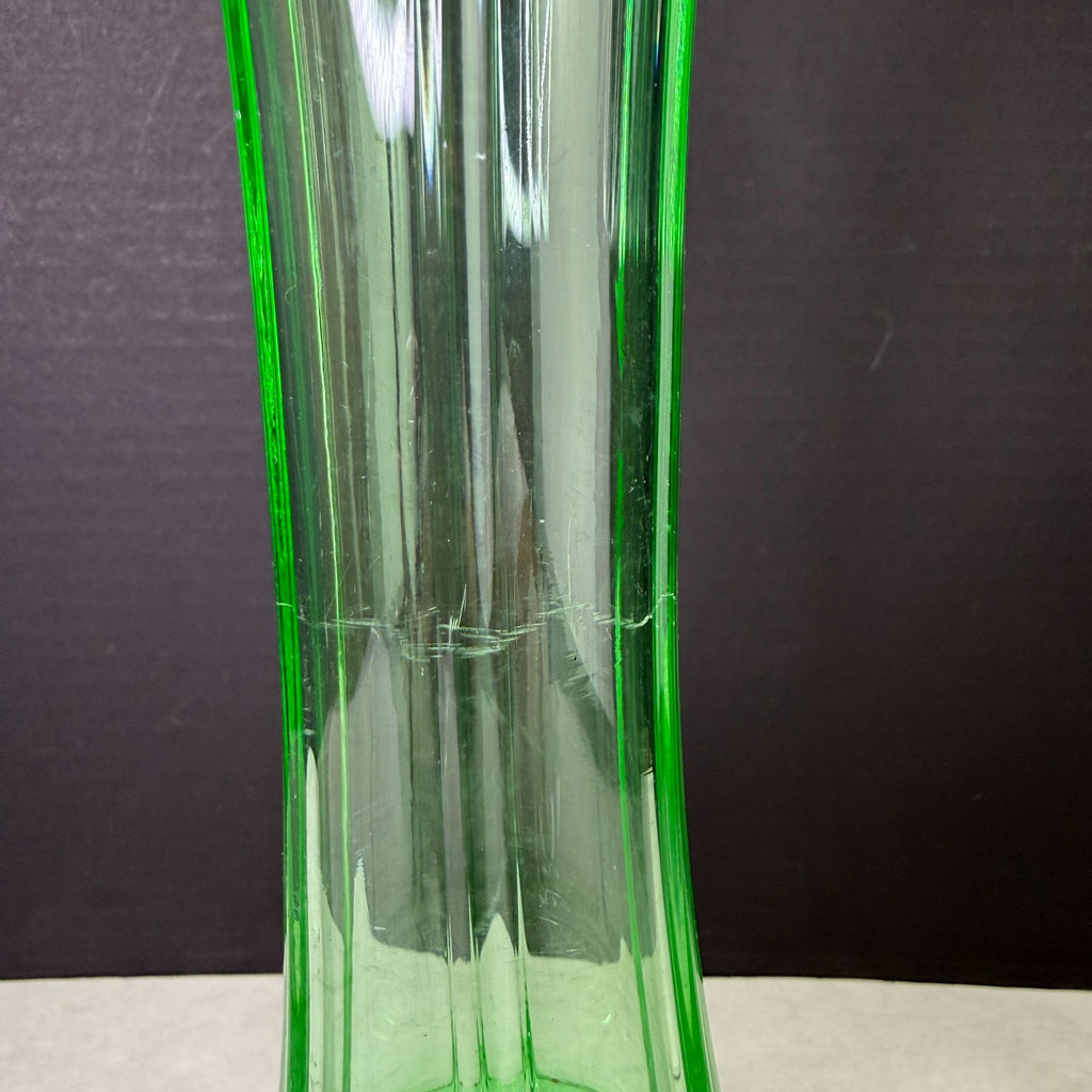 Vintage Uranium Green Glow Glass Ruffle Top Ribbed Vase 10 Inch