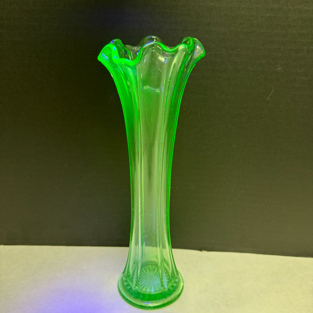 Vintage Uranium Green Glow Glass Ruffle Top Ribbed Vase 10 Inch