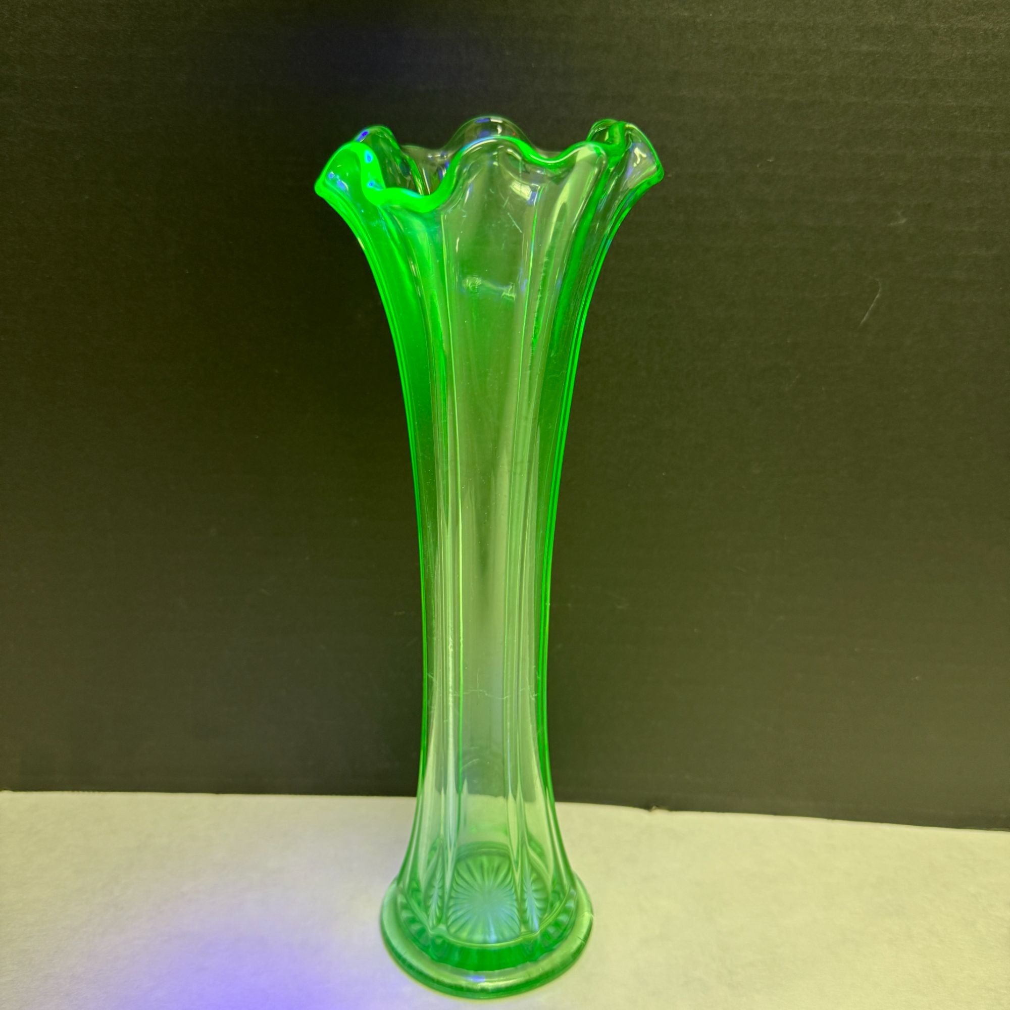 Vintage Uranium Green Glow Glass Ruffle Top Ribbed Vase 10 Inch