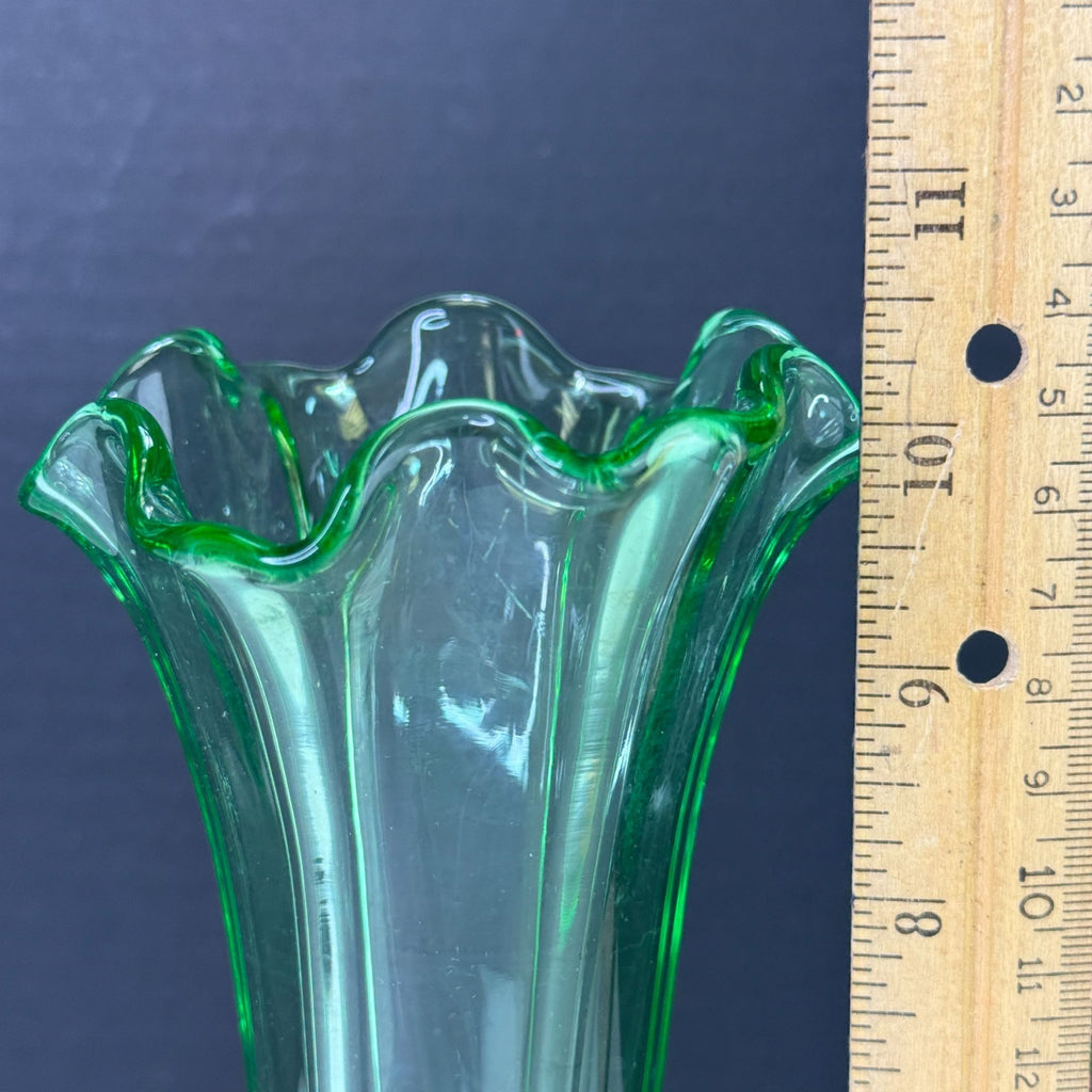 Vintage Uranium Green Glow Glass Ruffle Top Ribbed Vase 10 Inch