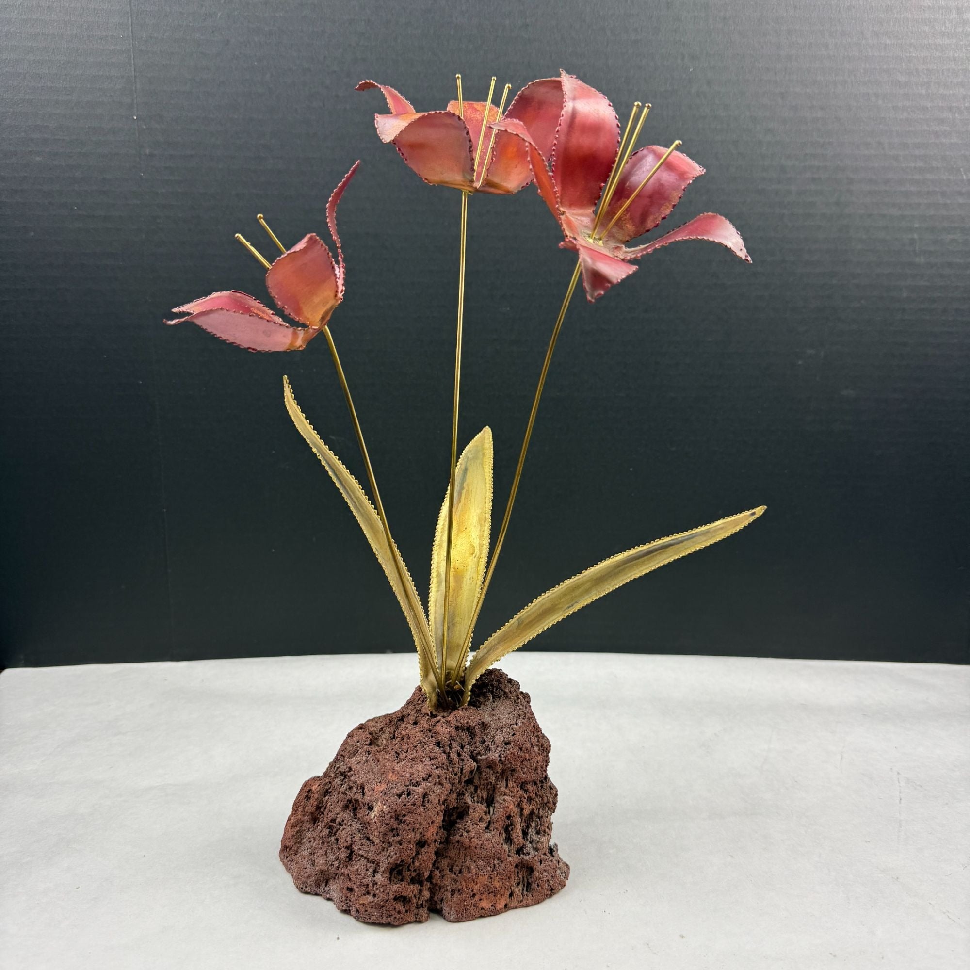 Vintage Metal Flower Sculpture On Lava Rock Base