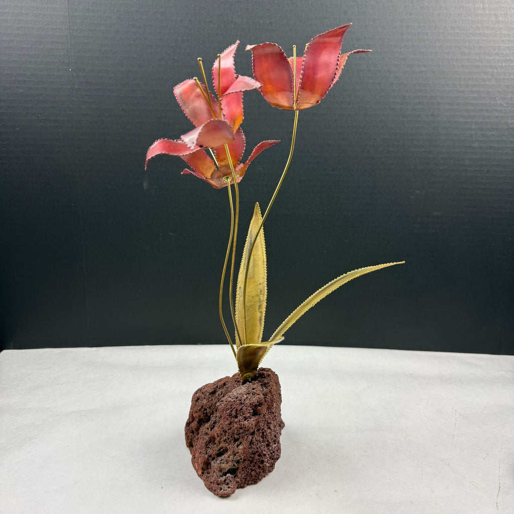 Vintage Metal Flower Sculpture On Lava Rock Base