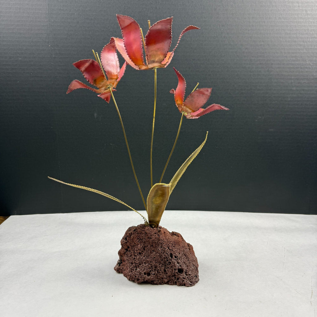 Vintage Metal Flower Sculpture On Lava Rock Base