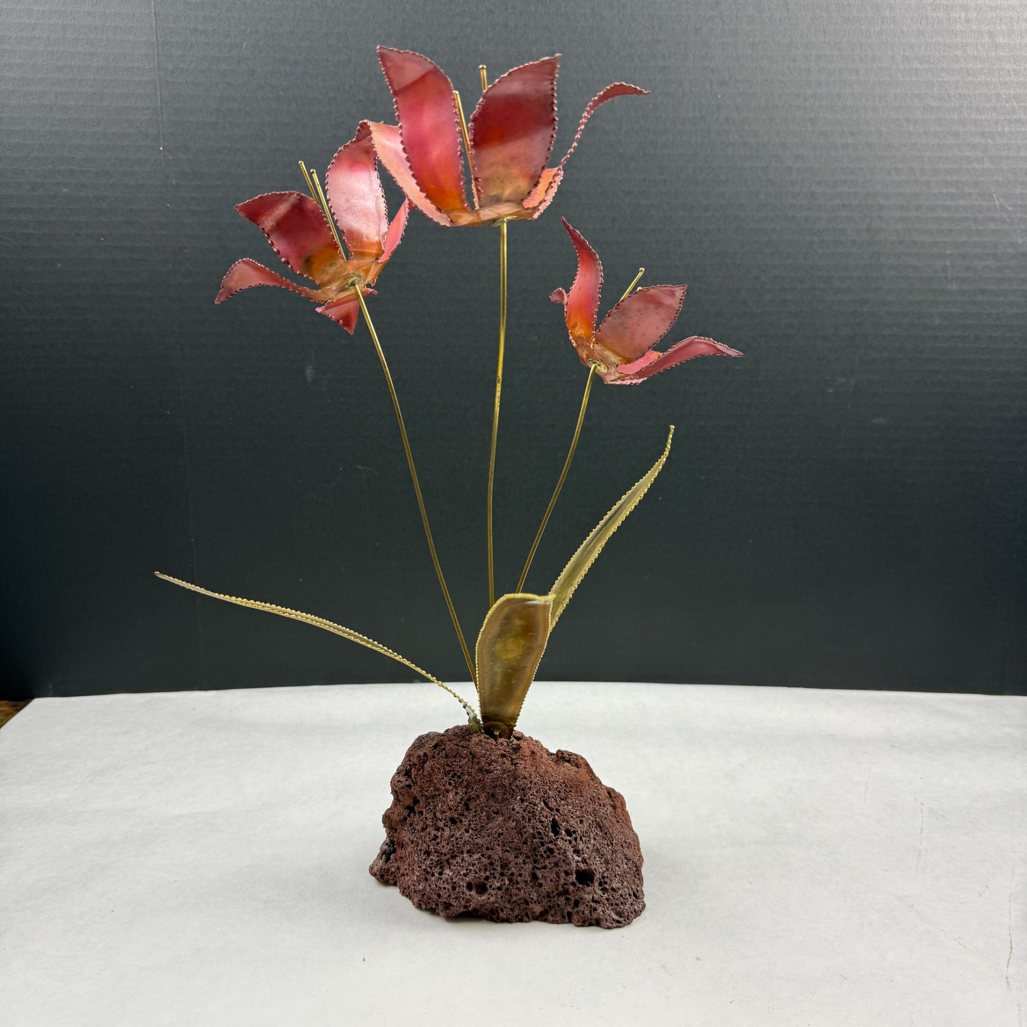 Vintage Metal Flower Sculpture On Lava Rock Base