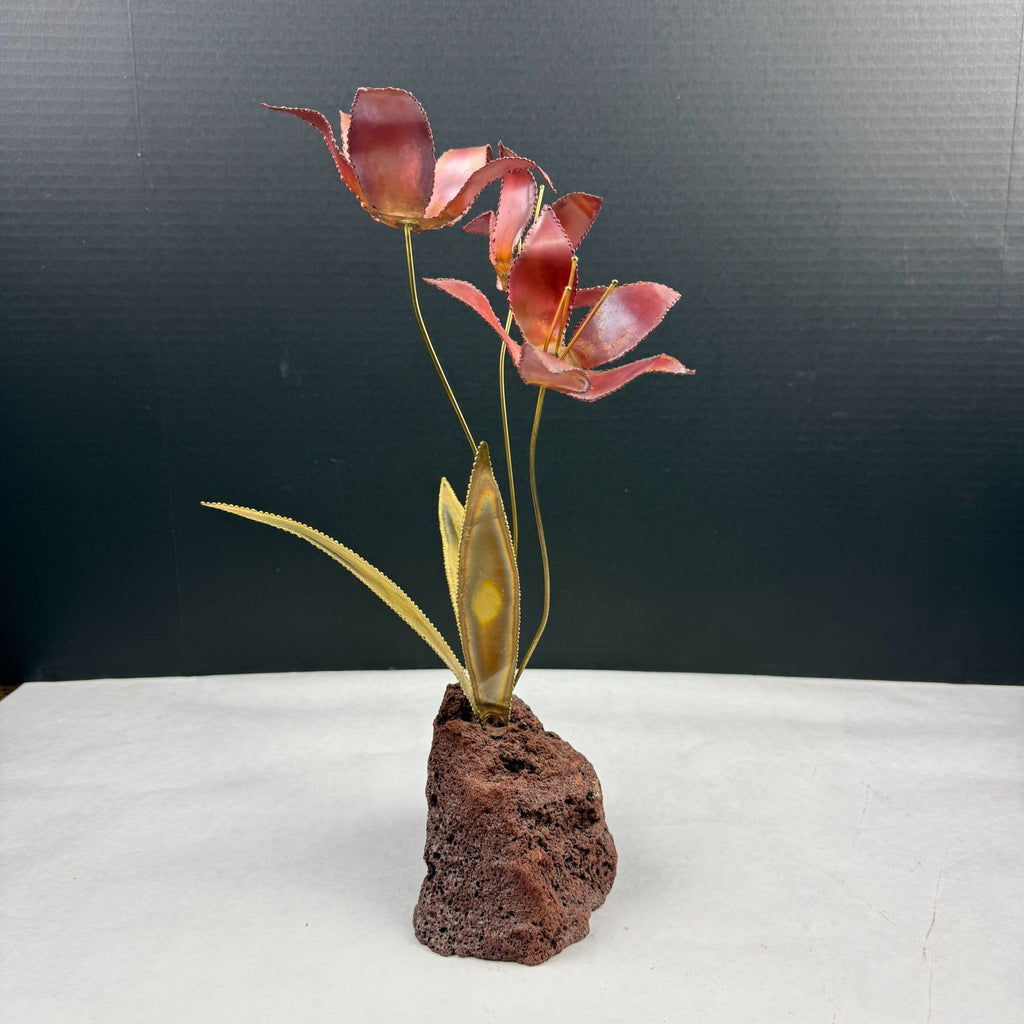 Vintage Metal Flower Sculpture On Lava Rock Base
