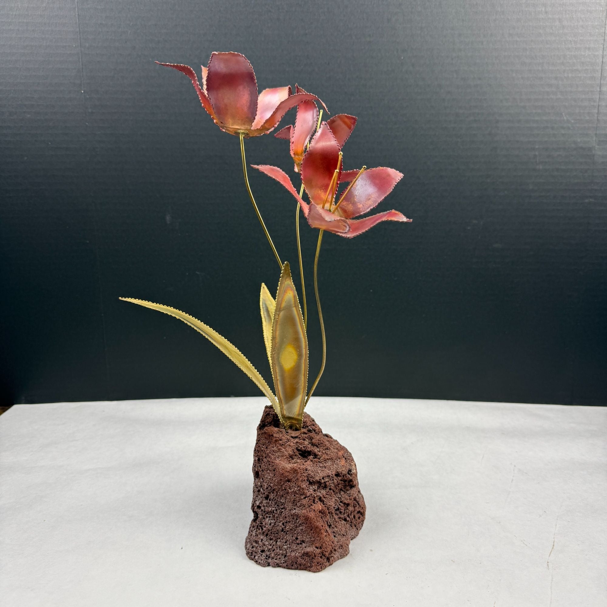 Vintage Metal Flower Sculpture On Lava Rock Base