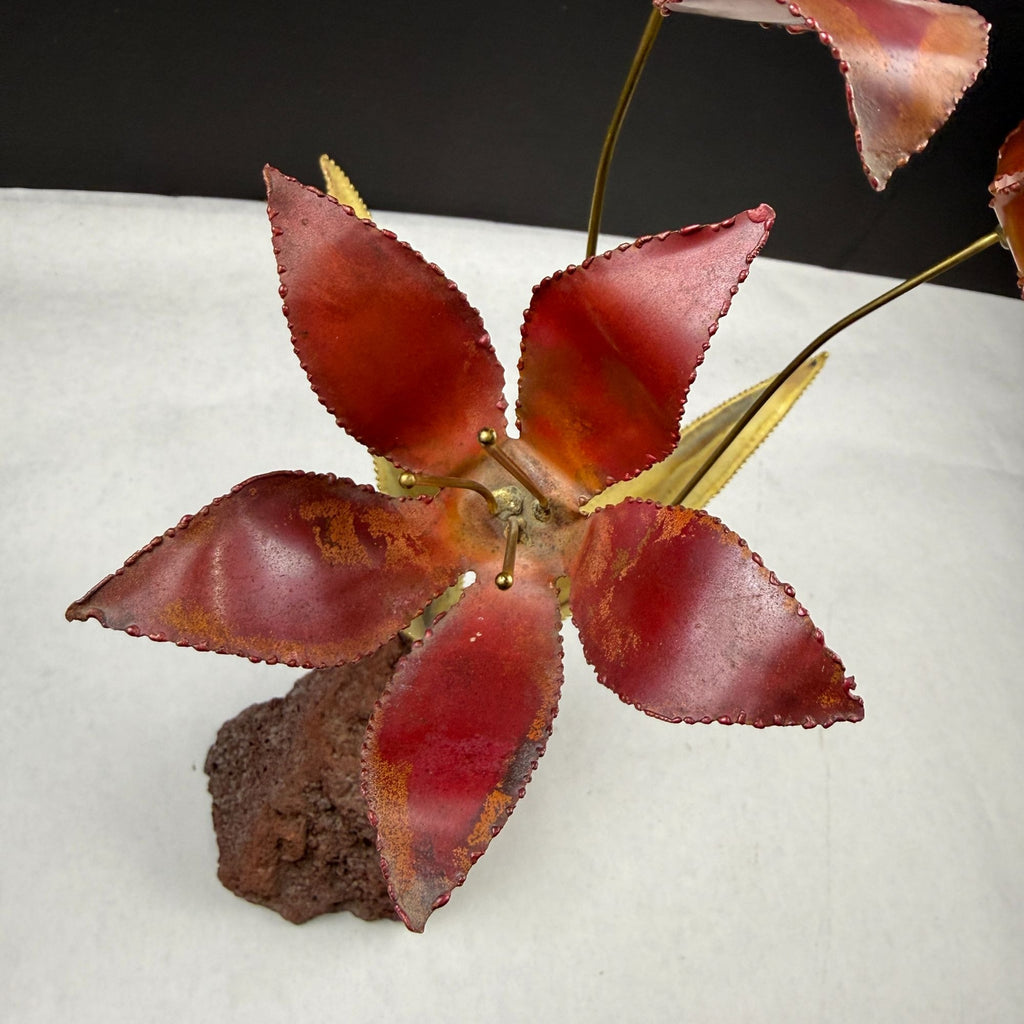 Vintage Metal Flower Sculpture On Lava Rock Base