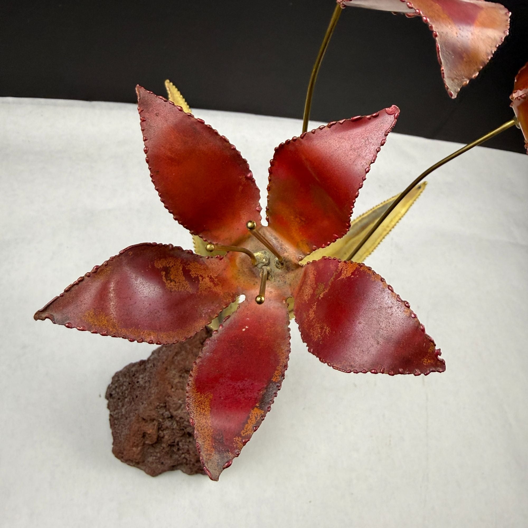 Vintage Metal Flower Sculpture On Lava Rock Base