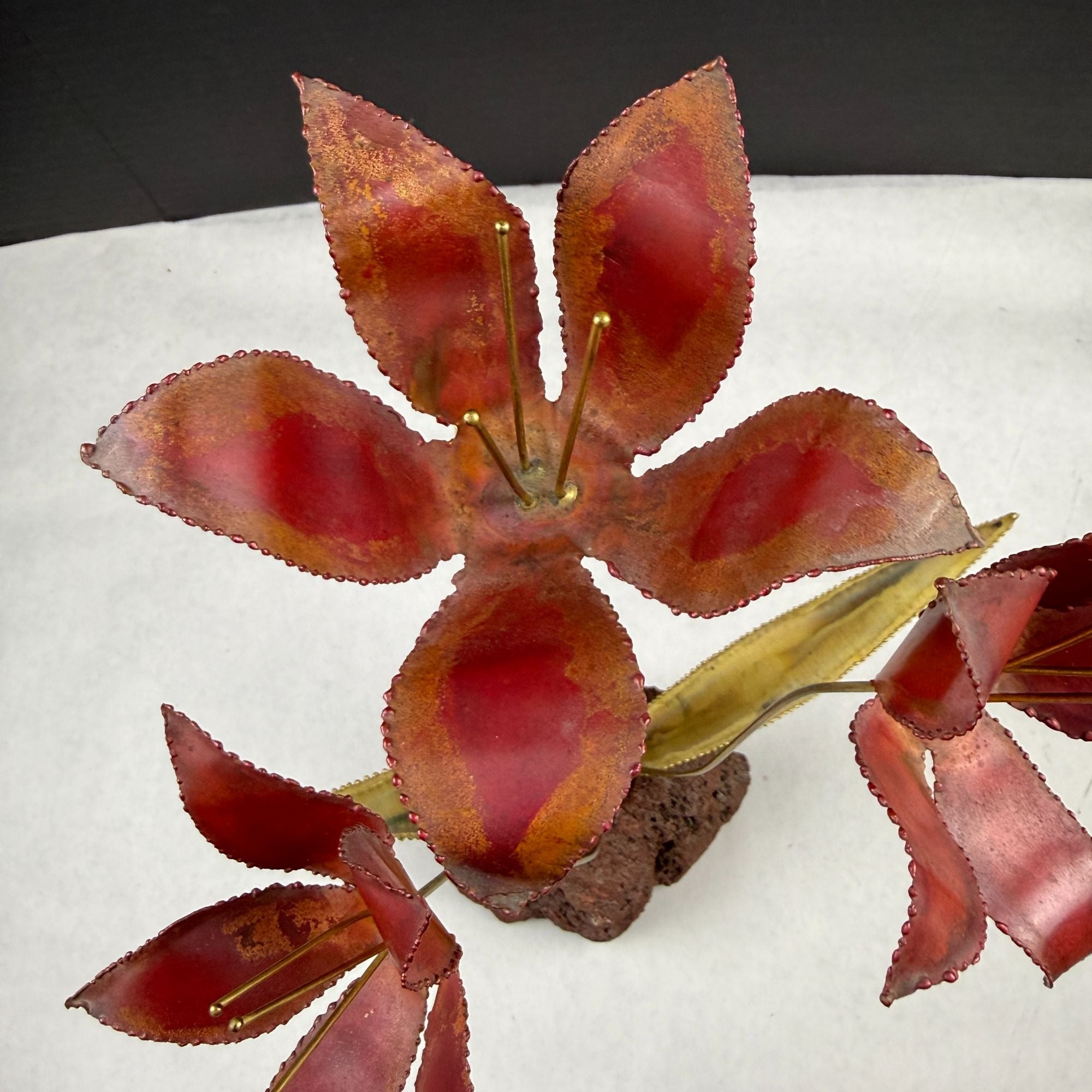 Vintage Metal Flower Sculpture On Lava Rock Base