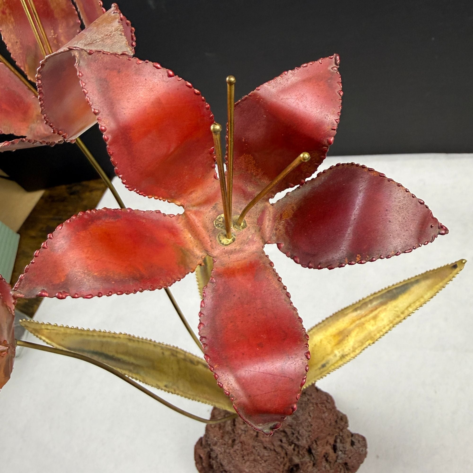 Vintage Metal Flower Sculpture On Lava Rock Base