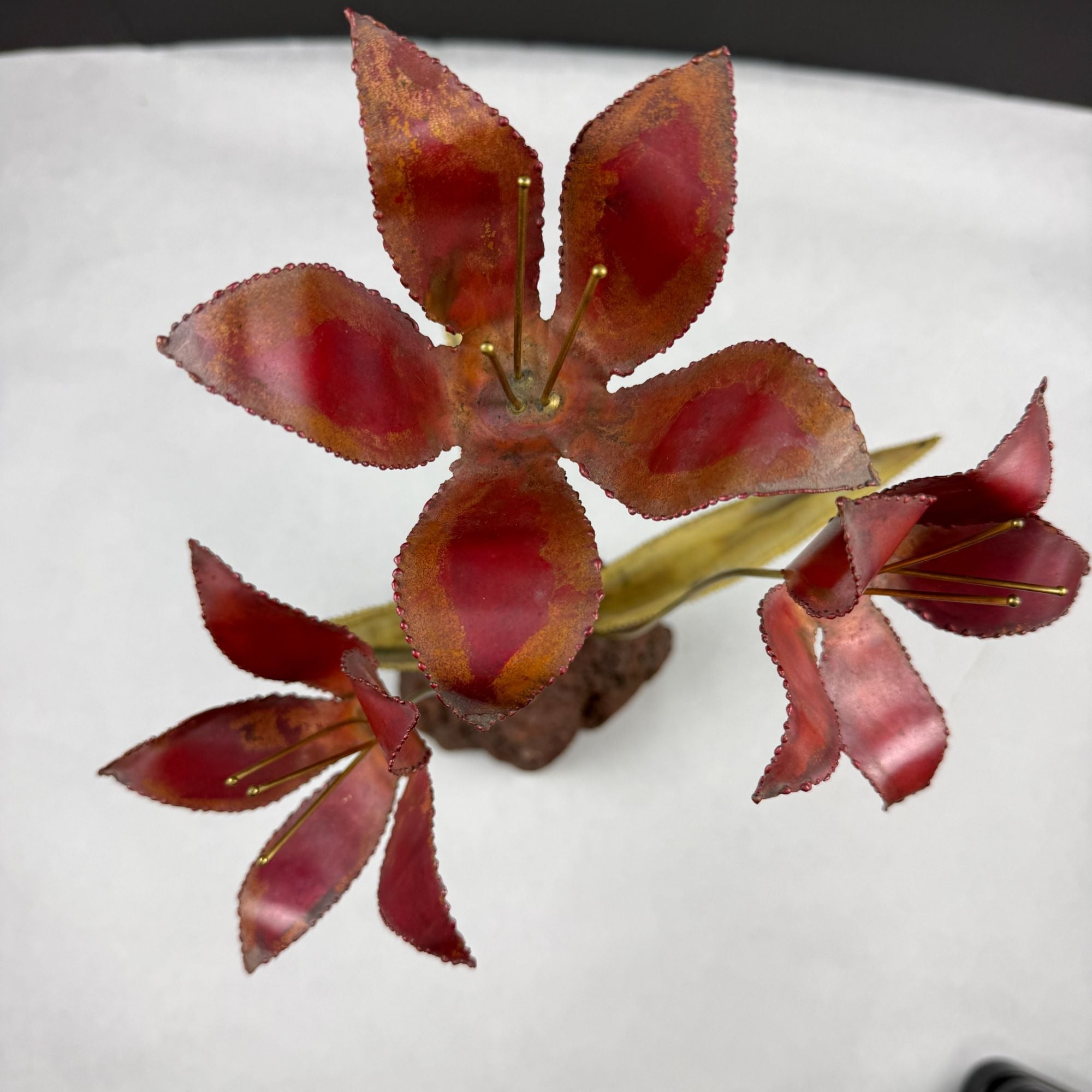 Vintage Metal Flower Sculpture On Lava Rock Base