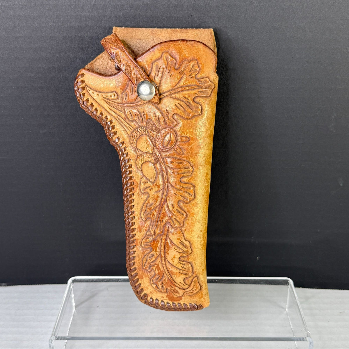 Vintage Brown Tooled Leather Belt Holster Oak Leaf Acorn Design Snap Strap