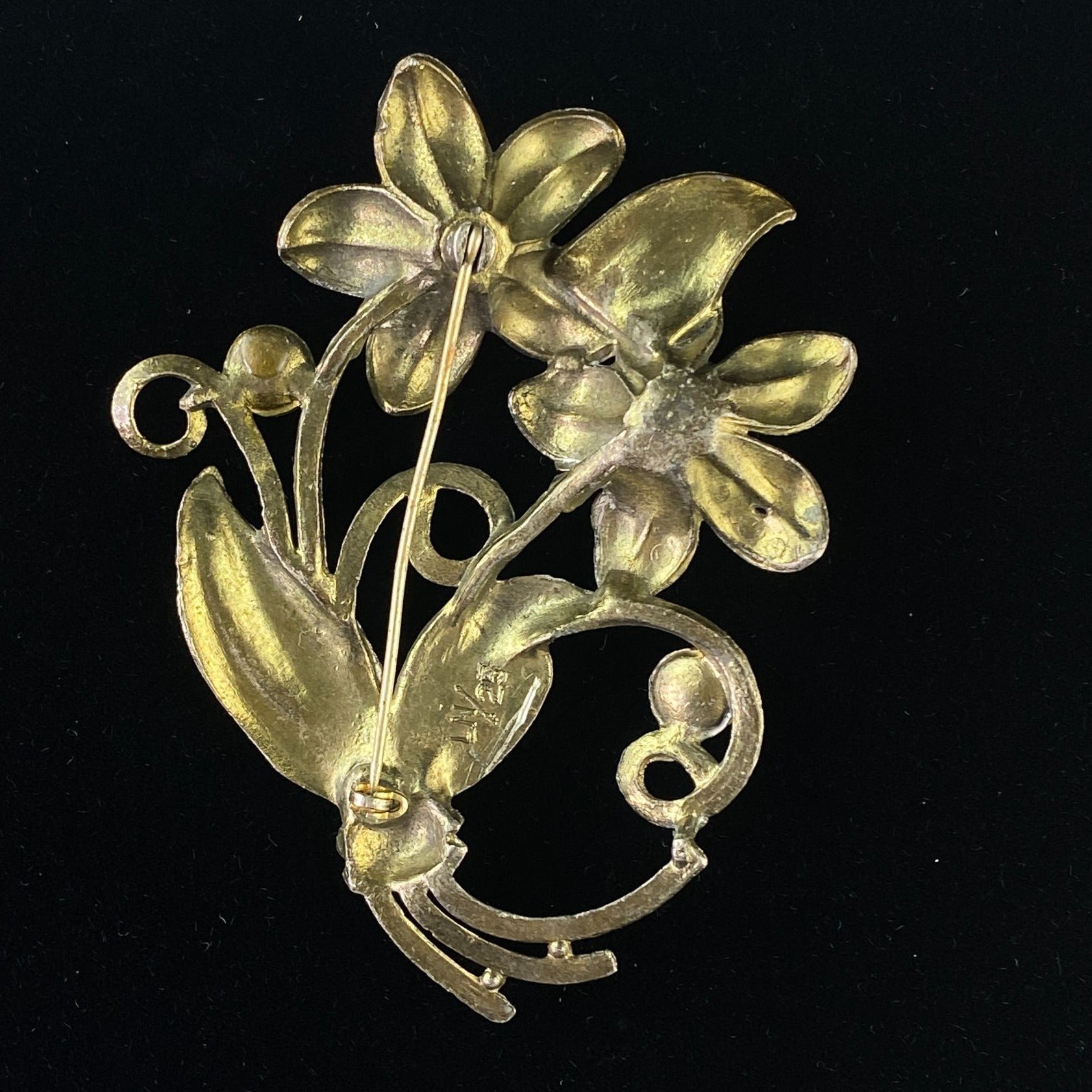 Vintage Little Nemo LN 25 Flower Rhinestone Faux Pearl Brooch Pin