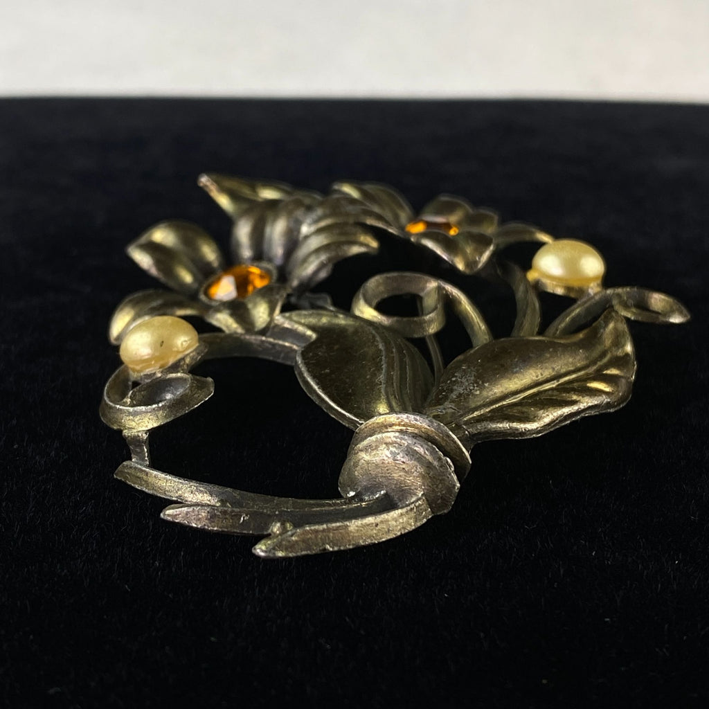 Vintage Little Nemo LN 25 Flower Rhinestone Faux Pearl Brooch Pin