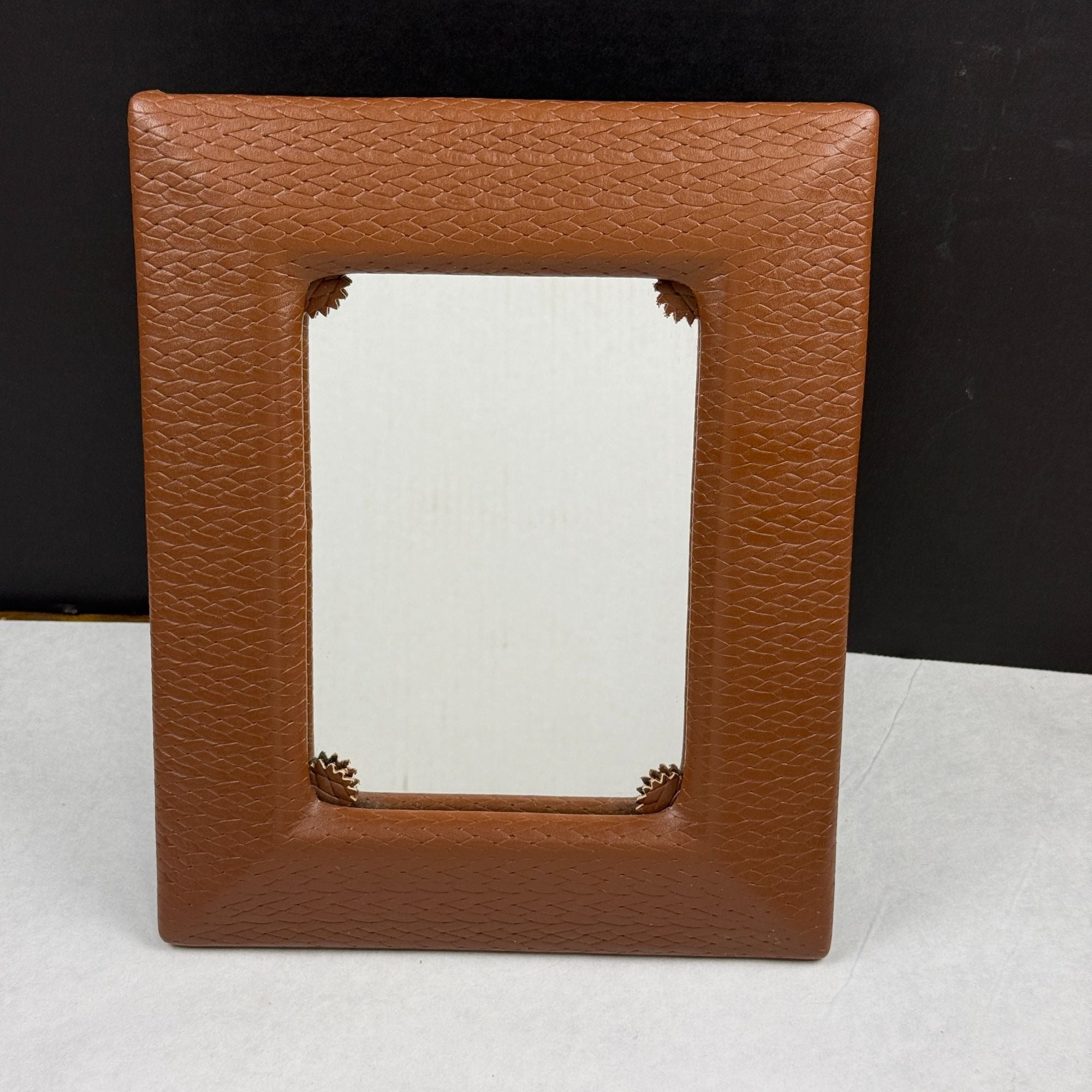 Vintage Embossed Stamped Leather Framed Mirror With Easel Back