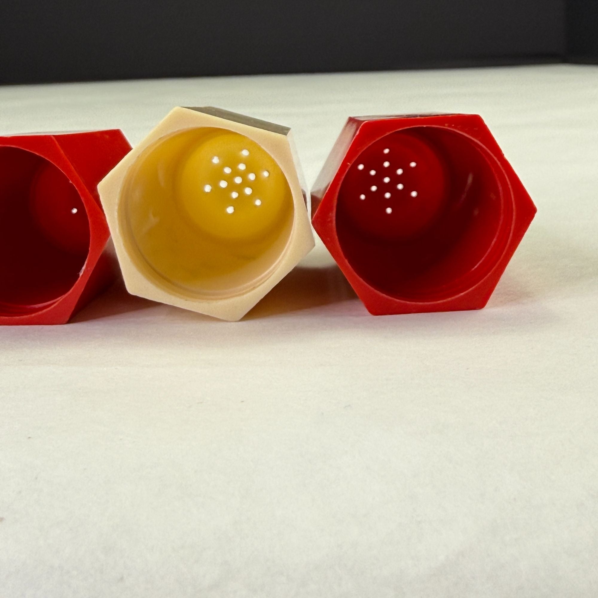Vintage Plastic Art Deco Red White Black Salt and Pepper Shakers 2 Sets