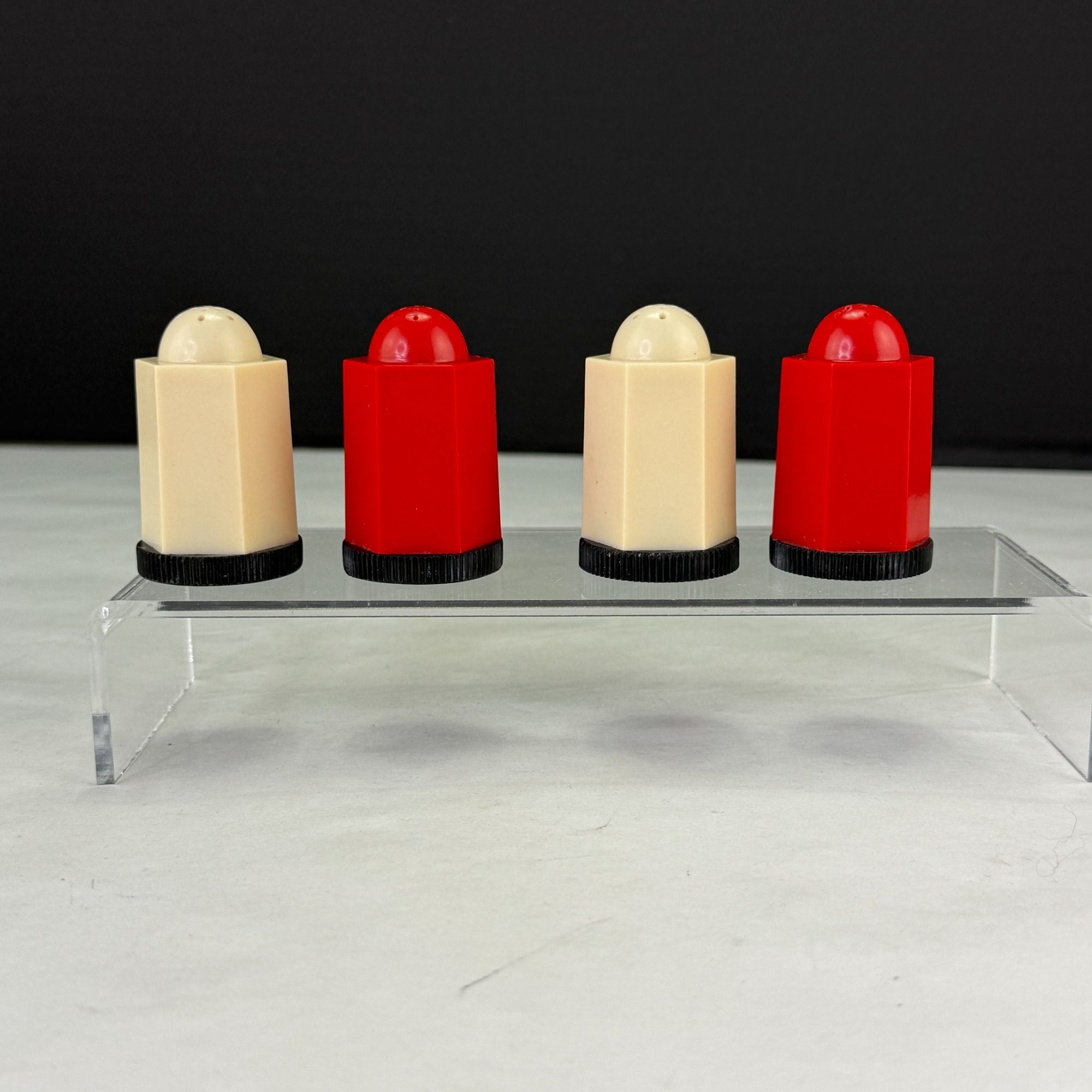 Vintage Plastic Art Deco Red White Black Salt and Pepper Shakers 2 Sets