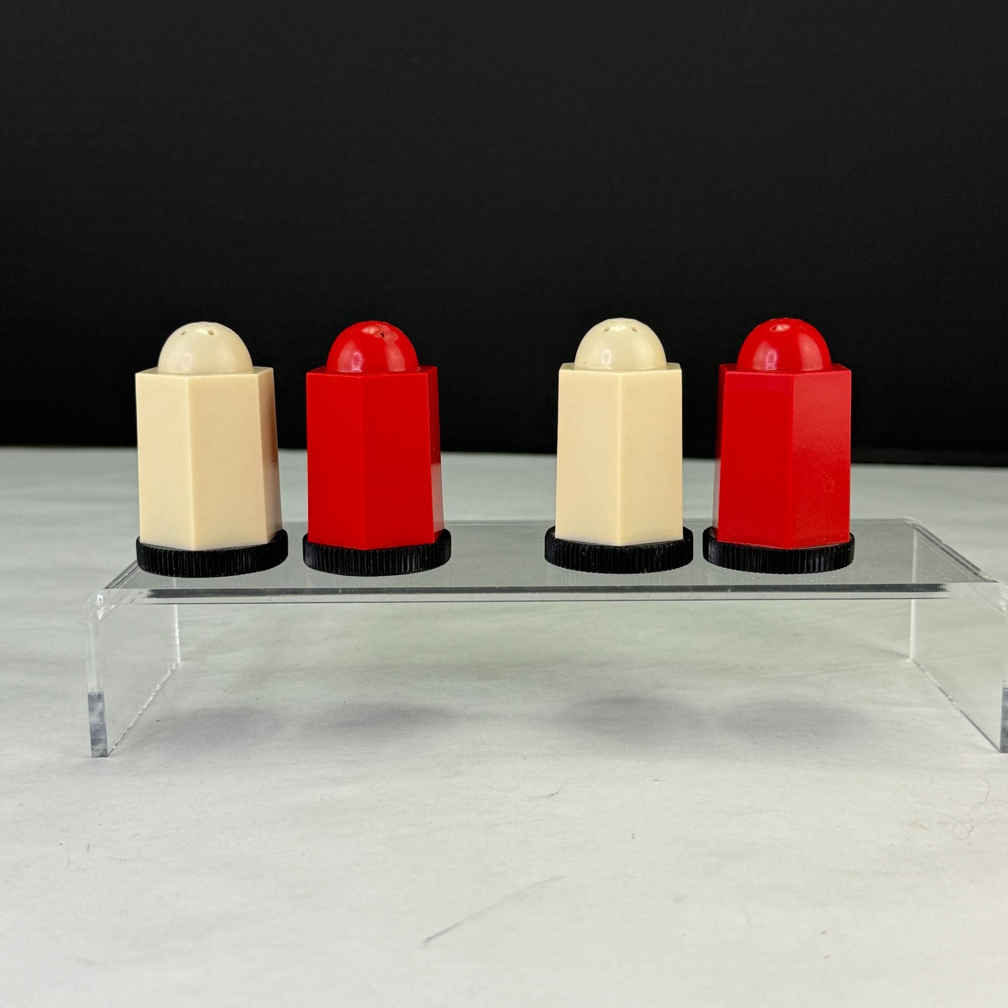 Vintage Plastic Art Deco Red White Black Salt and Pepper Shakers 2 Sets