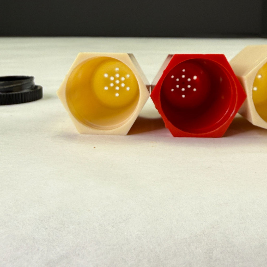 Vintage Plastic Art Deco Red White Black Salt and Pepper Shakers 2 Sets