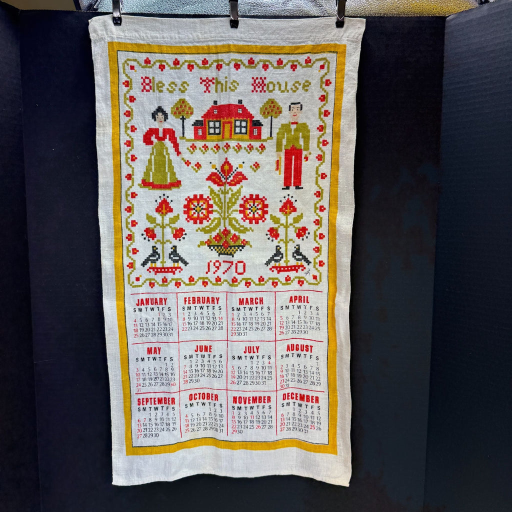 Vintage 1970 Bless This House Folk Art Design Linen Fabric Wall Calendar
