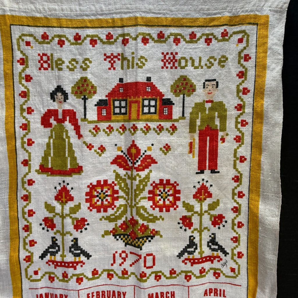 Vintage 1970 Bless This House Folk Art Design Linen Fabric Wall Calendar